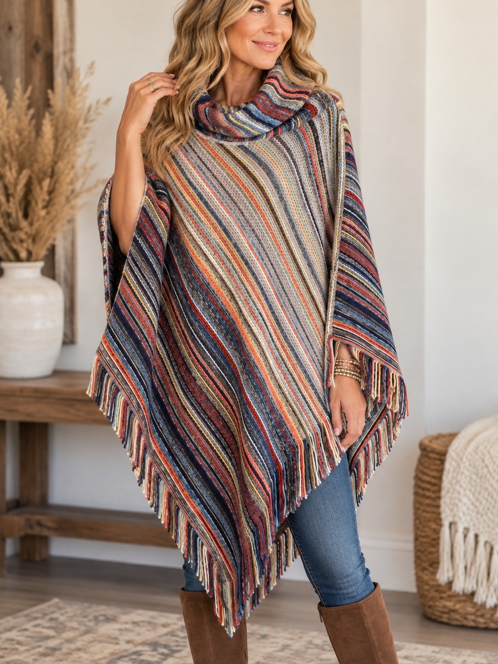 Anthropologie Multicolor Striped Fringe Cowl Neck Poncho OS Boho Western